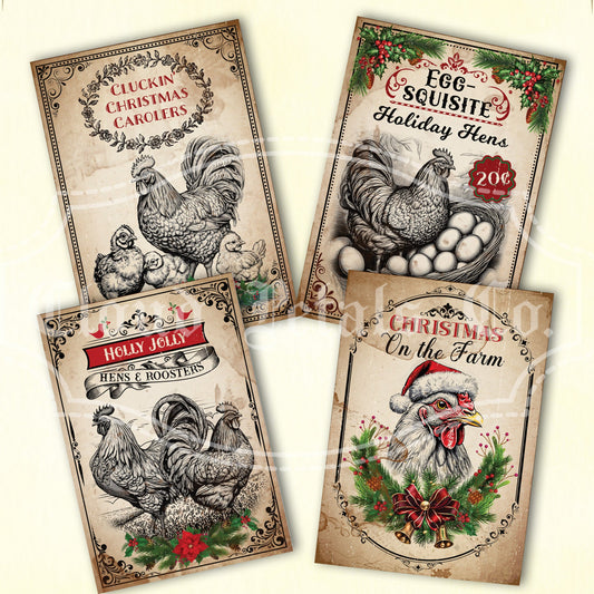 Vintage-style Christmas chicken farm labels with rooster illustrations on a beige background.