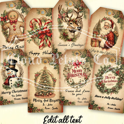 Vintage-style Christmas tags with editable text on a white background
