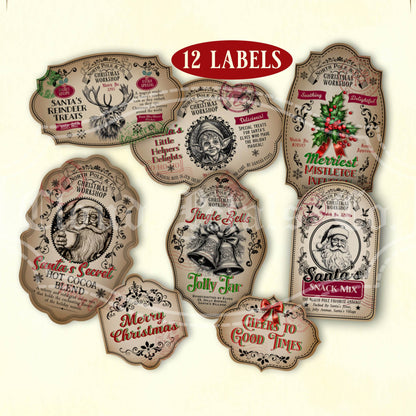 Vintage-style Christmas jar labels on a beige background with text indicating quantity and sizes.