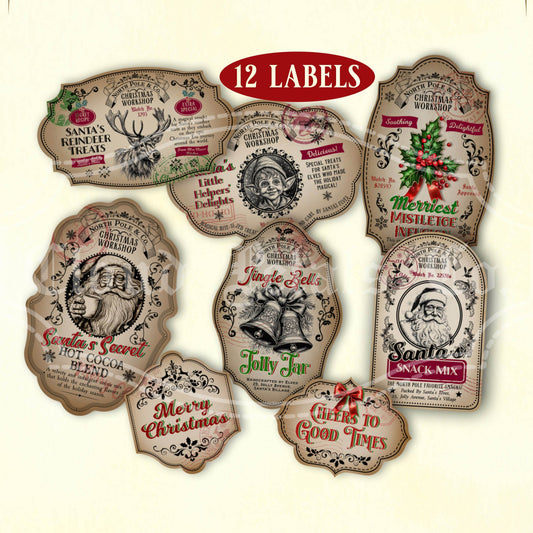 Vintage-style Christmas jar labels on a beige background with text indicating quantity and sizes.
