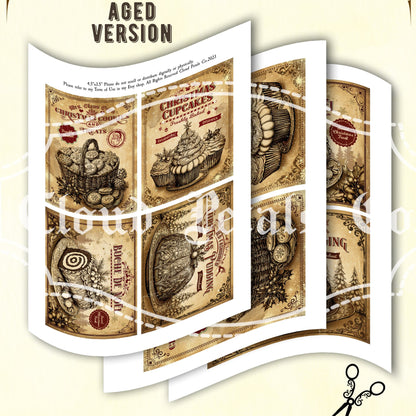 Vintage-style Christmas labels with an aged effect, displayed on a white background.