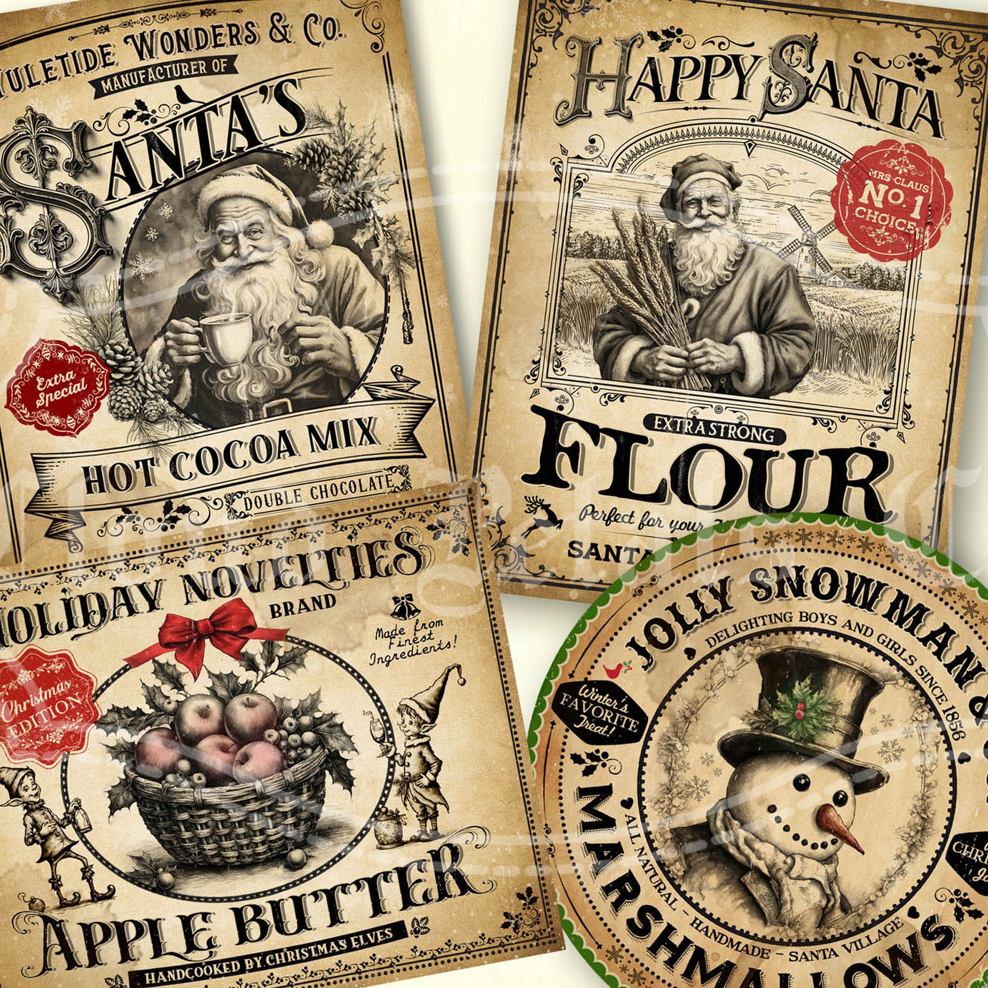 A set of four vintage style Christmas labels featuring holiday-themed illustrations such as Santa Claus, a basket of apples, and a snowman with the text 'Happy Santa', 'Apple Butter', and 'Tolly Snowman Marshmallows'.