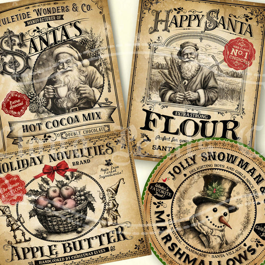 A set of four vintage style Christmas labels featuring holiday-themed illustrations such as Santa Claus, a basket of apples, and a snowman with the text 'Happy Santa', 'Apple Butter', and 'Tolly Snowman Marshmallows'.