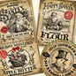 A set of four vintage style Christmas labels featuring holiday-themed illustrations such as Santa Claus, a basket of apples, and a snowman with the text 'Happy Santa', 'Apple Butter', and 'Tolly Snowman Marshmallows'.