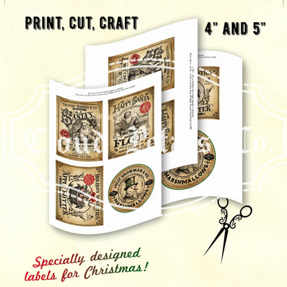 Vintage-style Christmas baking labels with text and images on a beige background.
