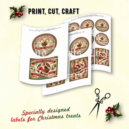 Vintage-style Christmas treat labels with scissors and holly decorations on a beige background.
