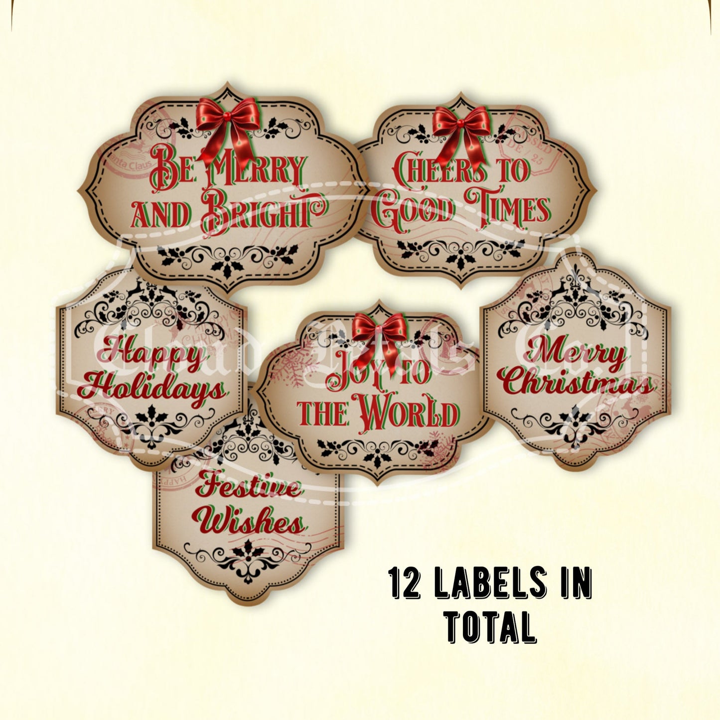 Vintage-style Christmas jar labels with decorative text on a beige background