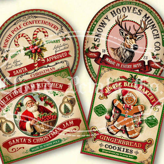 Four Christmas-themed product packaging designs with festive graphics and text.