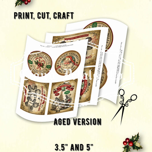 Vintage-style Christmas labels with text and design elements on a beige background