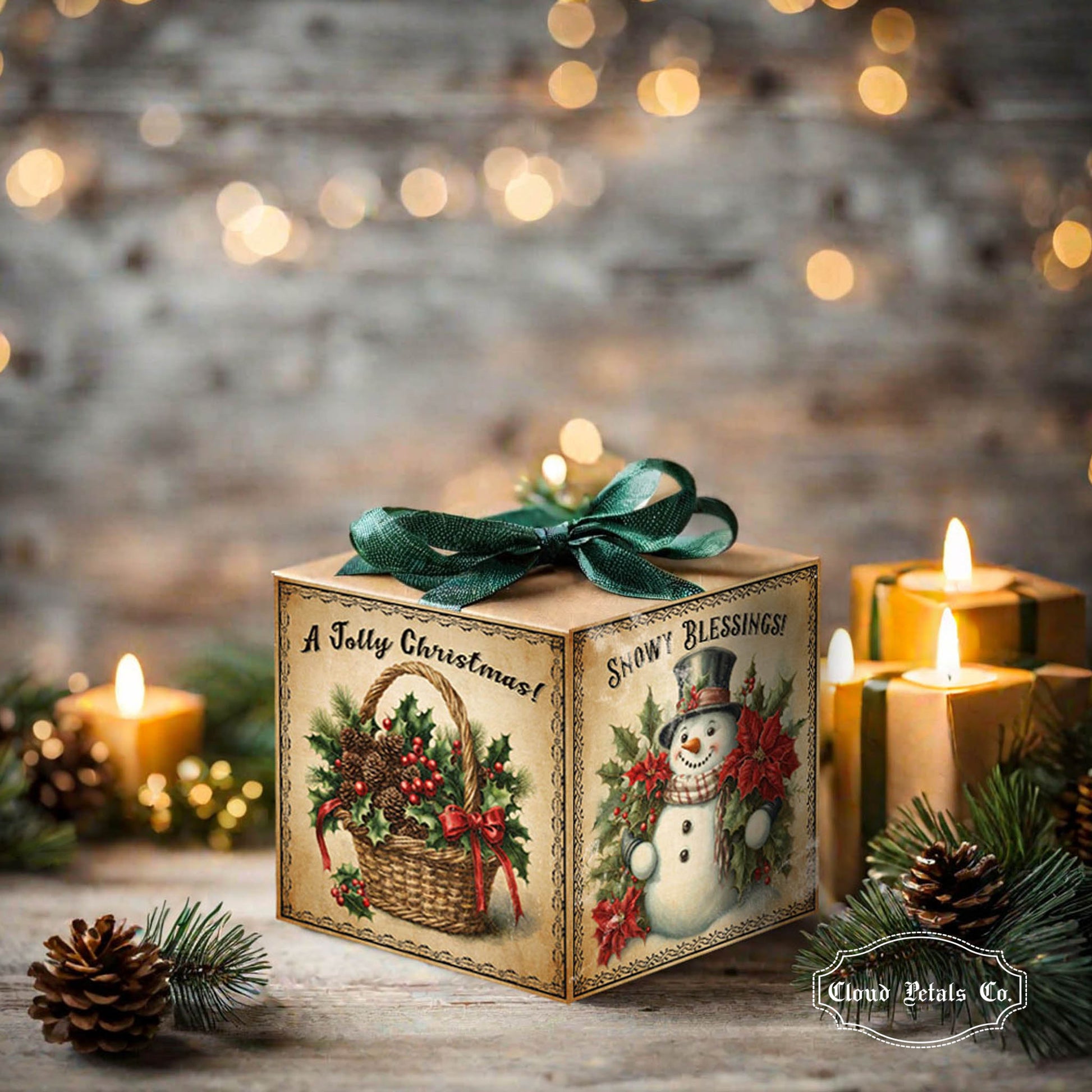 Decorative Christmas box with green ribbon and candles in the background.