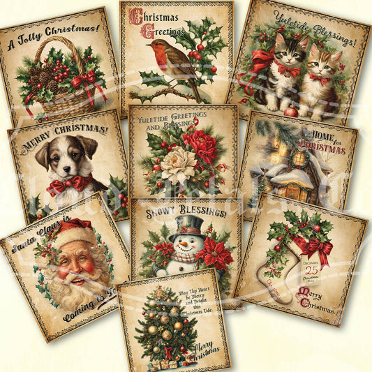 A collection of vintage style Christmas squares with various holiday-themed images including Santa Claus, reindeer, and festive decorations.