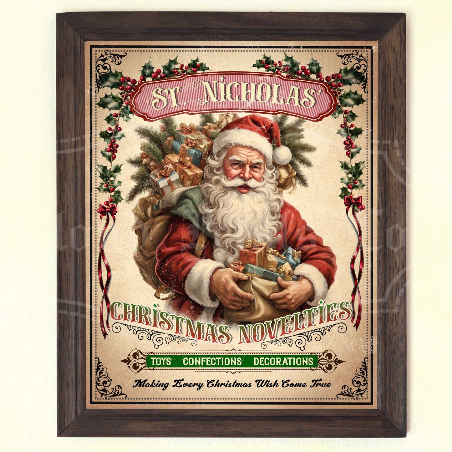 Vintage Christmas Printable Wall Art – St. Nicholas’ Novelties Holiday Sign Digital Download