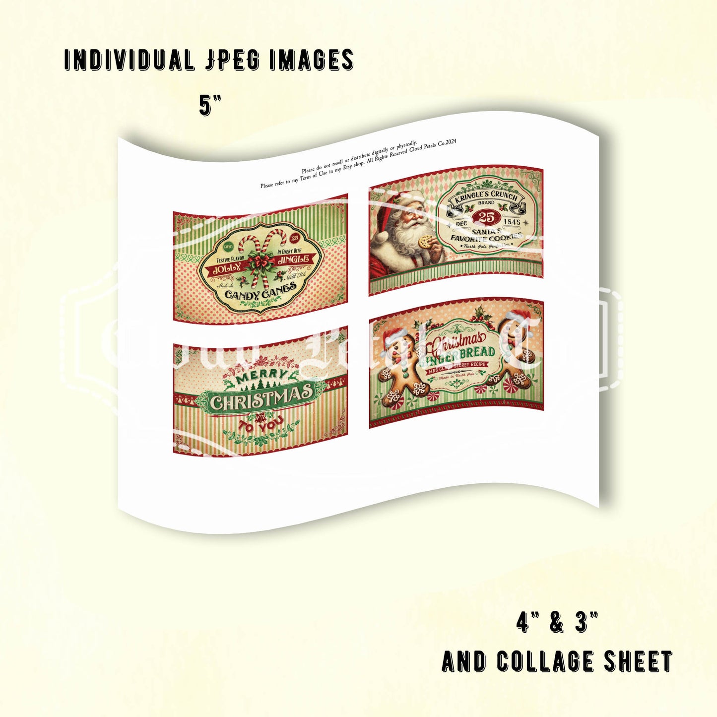 Collage of Christmas-themed labels on a white background with text indicating size and format.