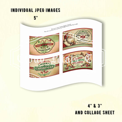 Collage of Christmas-themed labels on a white background with text indicating size and format.