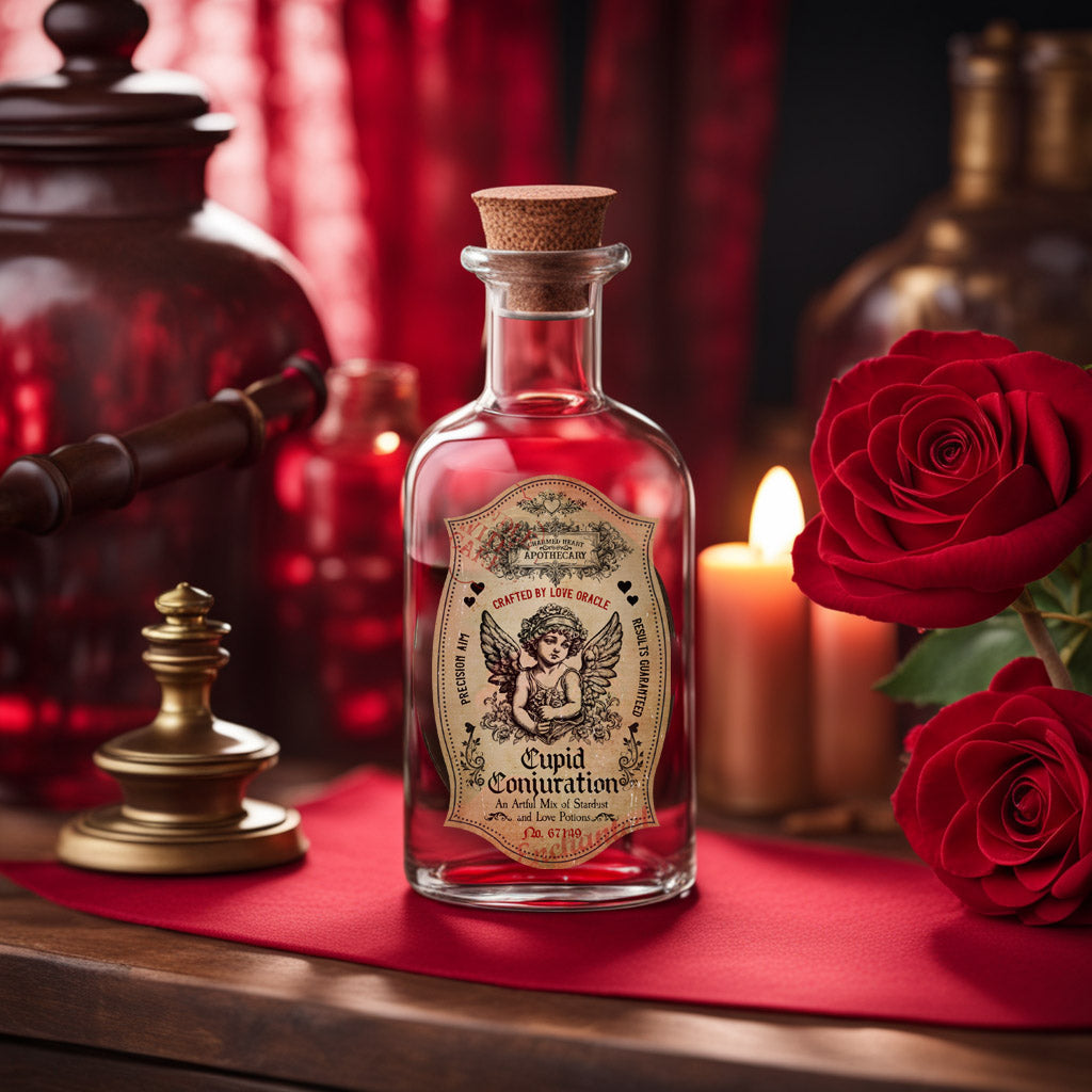 Love potion label with cupid image on a bottle