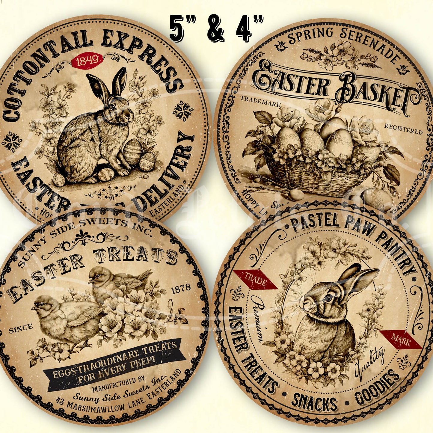 Four vintage-style Easter-themed labels with rabbits and baskets on a white background.