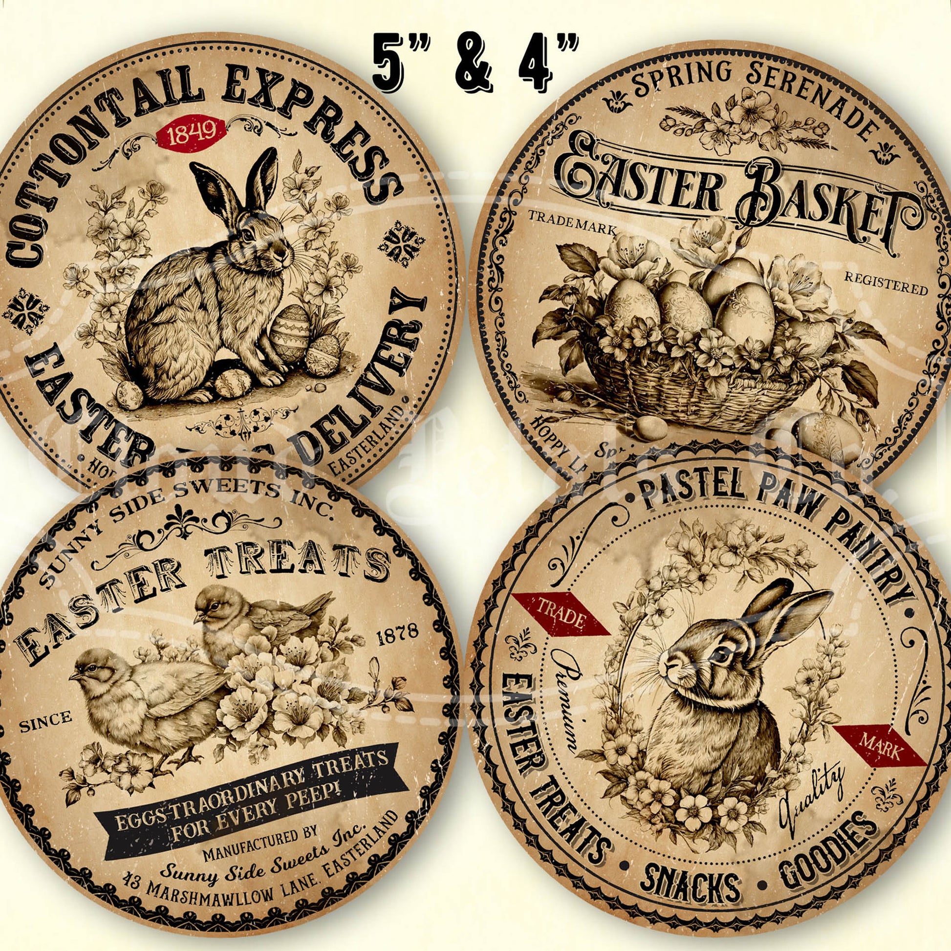 Four vintage-style Easter-themed labels with rabbits and baskets on a white background.
