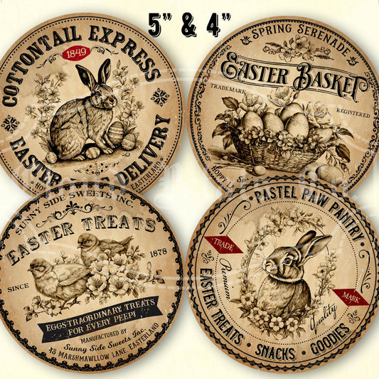 Four vintage-style Easter-themed labels with rabbits and baskets on a white background.