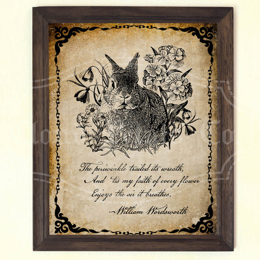 Framed artwork with a rabbit illustration and floral elements on a textured background.