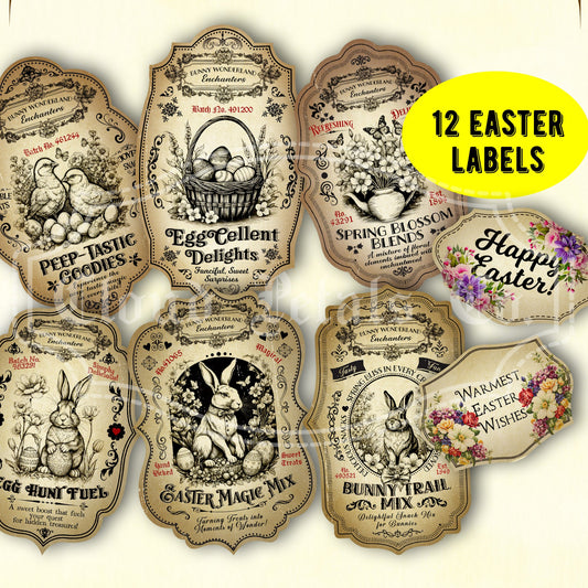 Vintage-style Easter labels for jars with decorative text and graphics on a beige background.