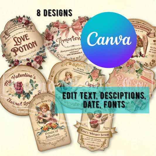 Vintage-style Valentine's Day love potion labels using Canva on a light beige background.