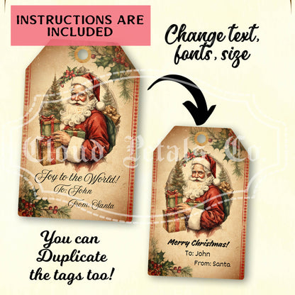 Vintage-style Christmas tag with Santa Claus, editable text, and design instructions.