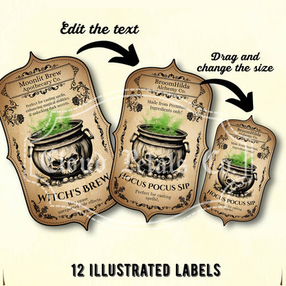 Set of illustrated labels with text editing options on a beige background