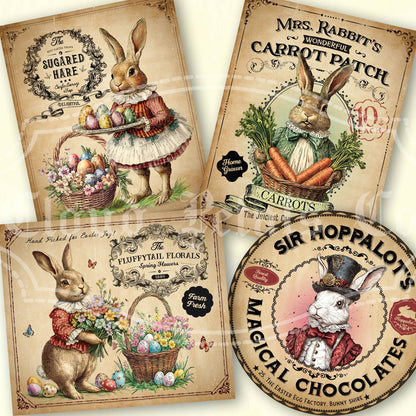 Vintage-style rabbit-themed product labels with illustrations of bunnies and Easter elements.