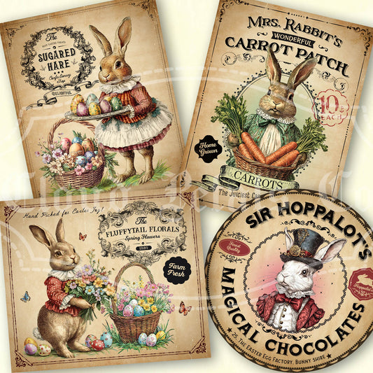 Vintage-style rabbit-themed product labels with illustrations of bunnies and Easter elements.