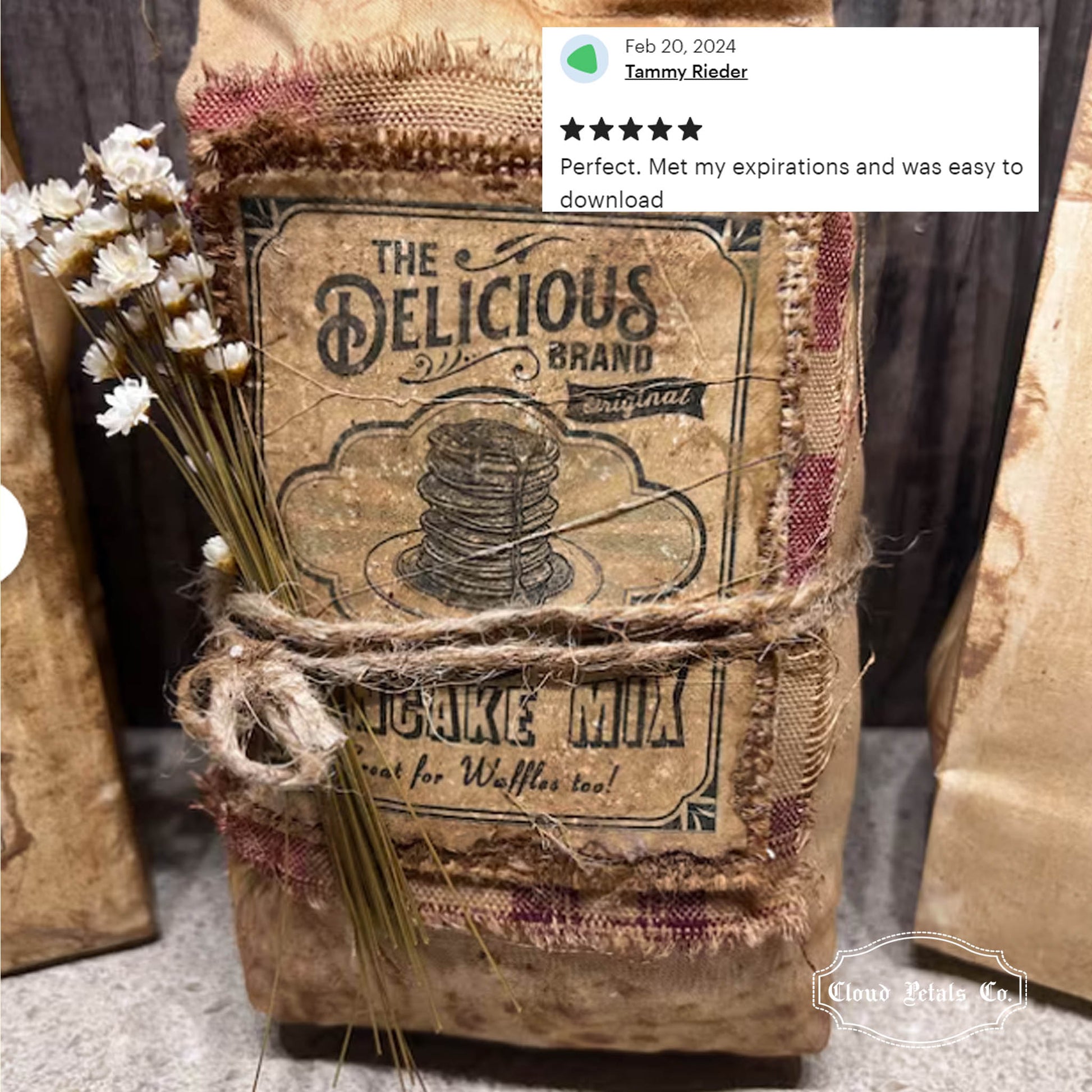 Farmhouse kitchen primitive craft bag with Pancake Mix label review