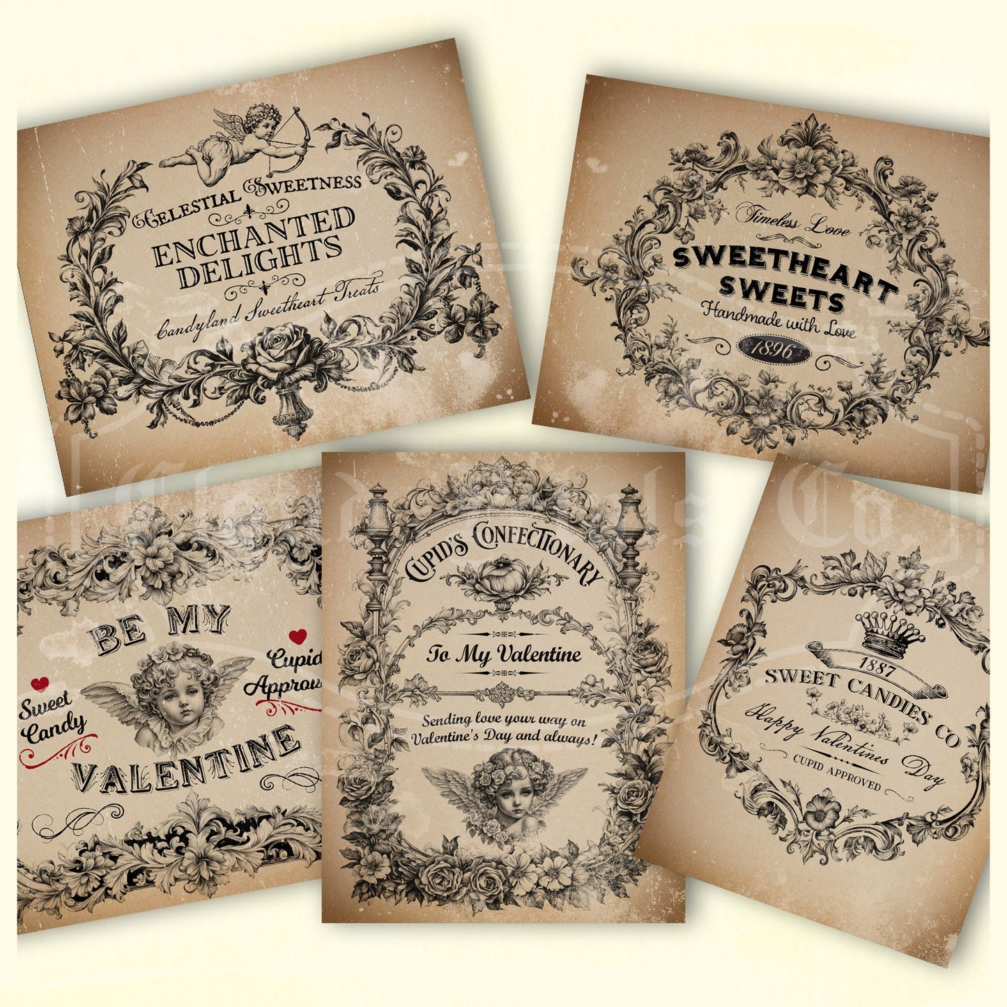 Vintage-style Valentine's Day labels with decorative text and graphics on a beige background.