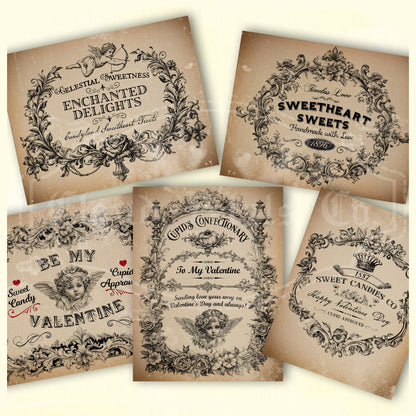 Vintage-style Valentine's Day labels with decorative text and graphics on a beige background.
