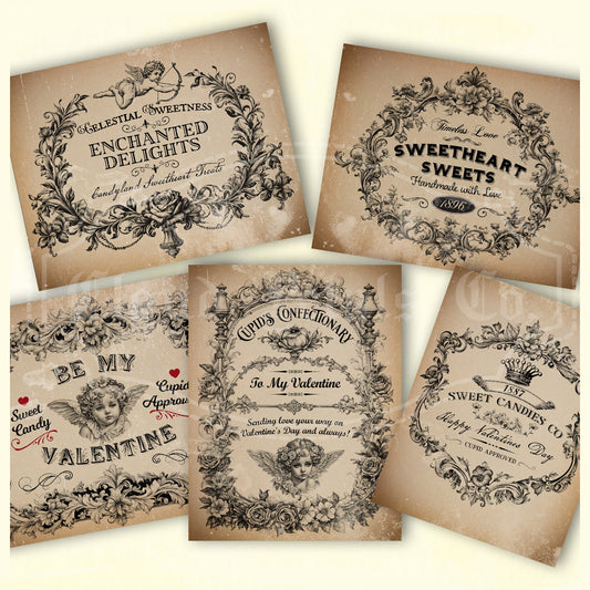 Vintage-style Valentine's Day labels with decorative text and graphics on a beige background.