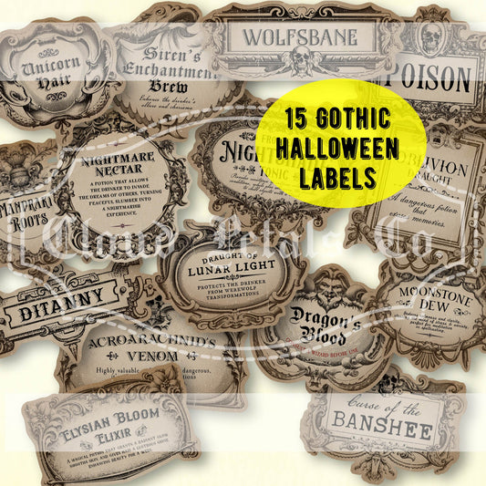 Vintage Gothic style Halloween labels with decorative text on a white background.