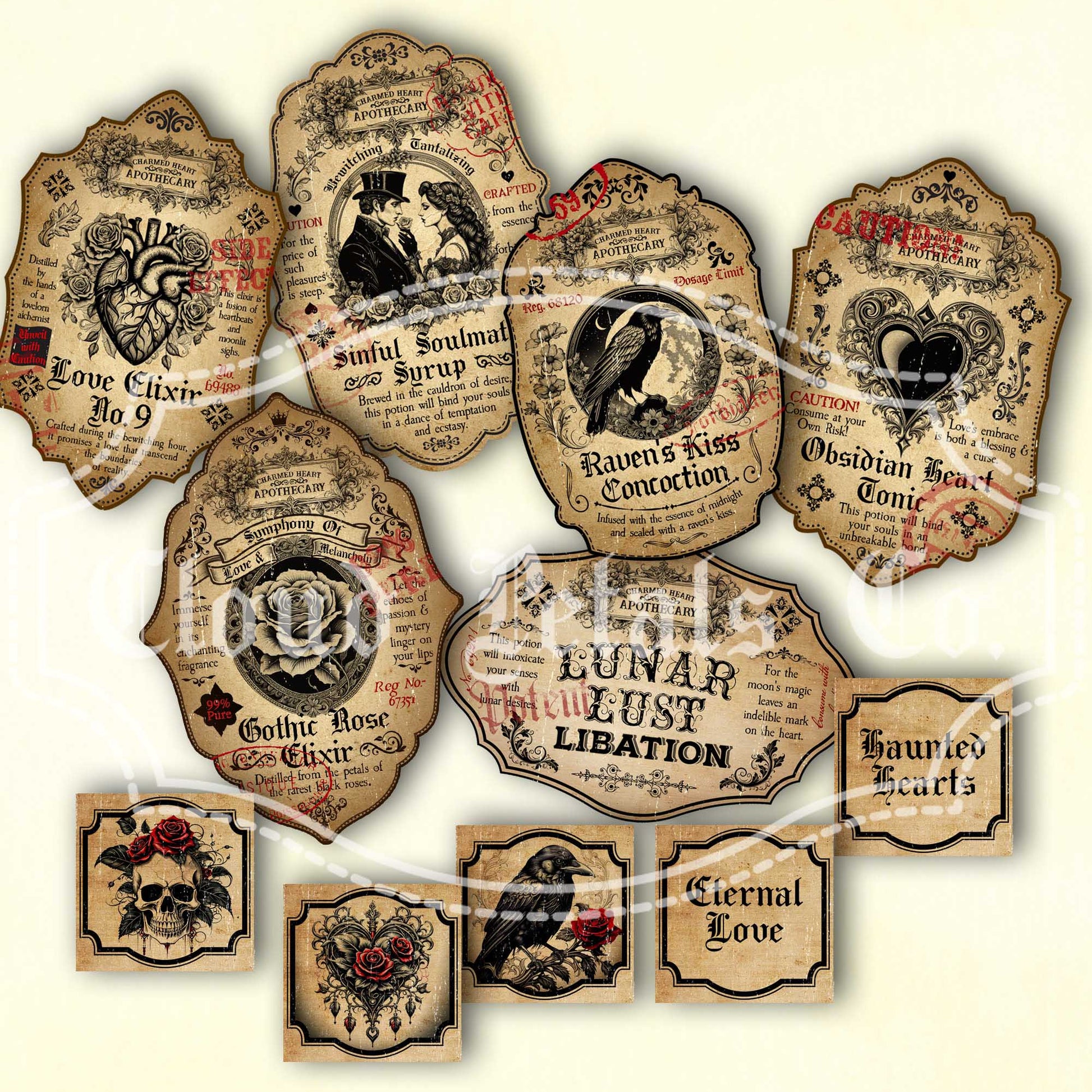 Vintage-style gothic Valentine love potion labels with decorative text and designs.