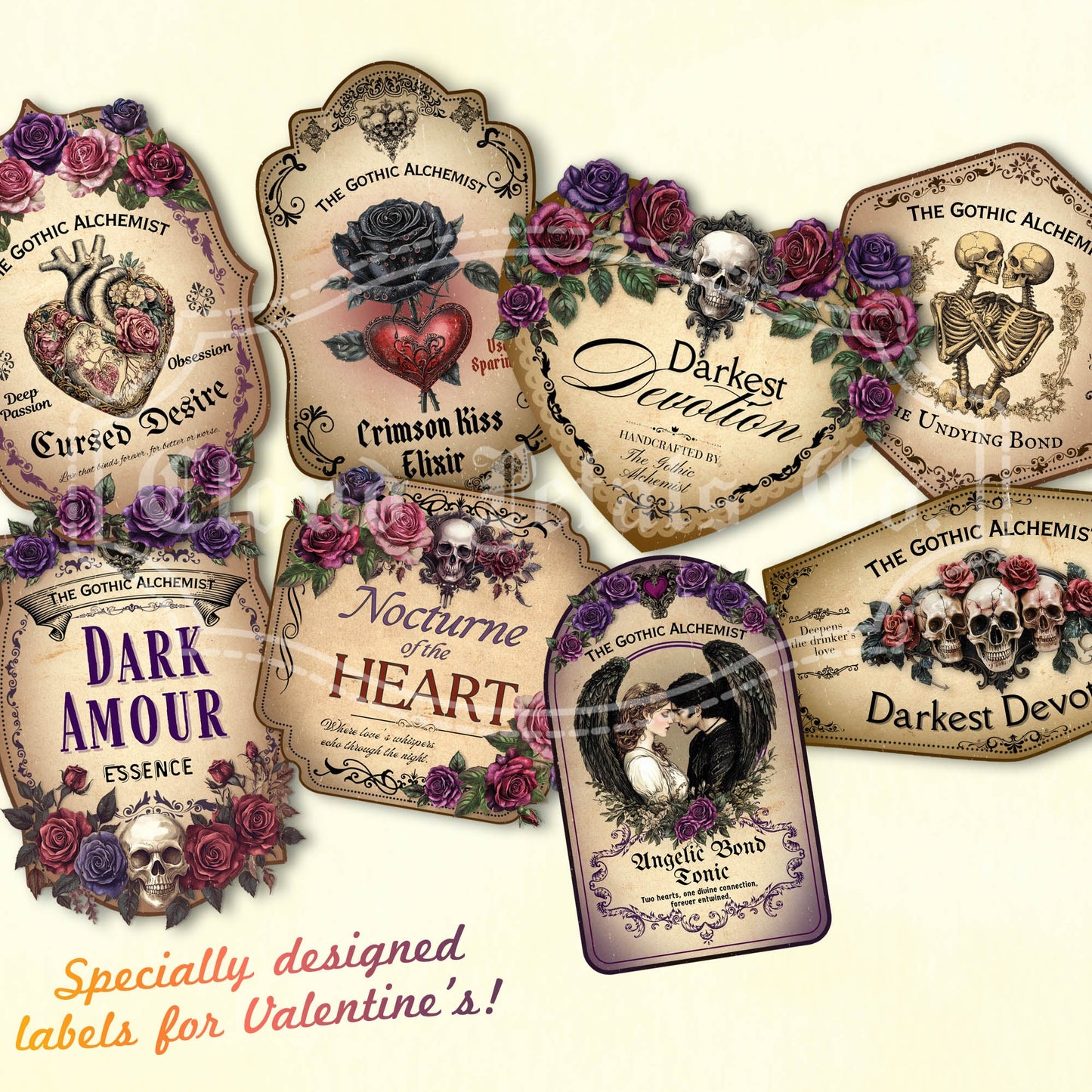 Collection of vintage-style labels with gothic and romantic designs, featuring text and floral elements.