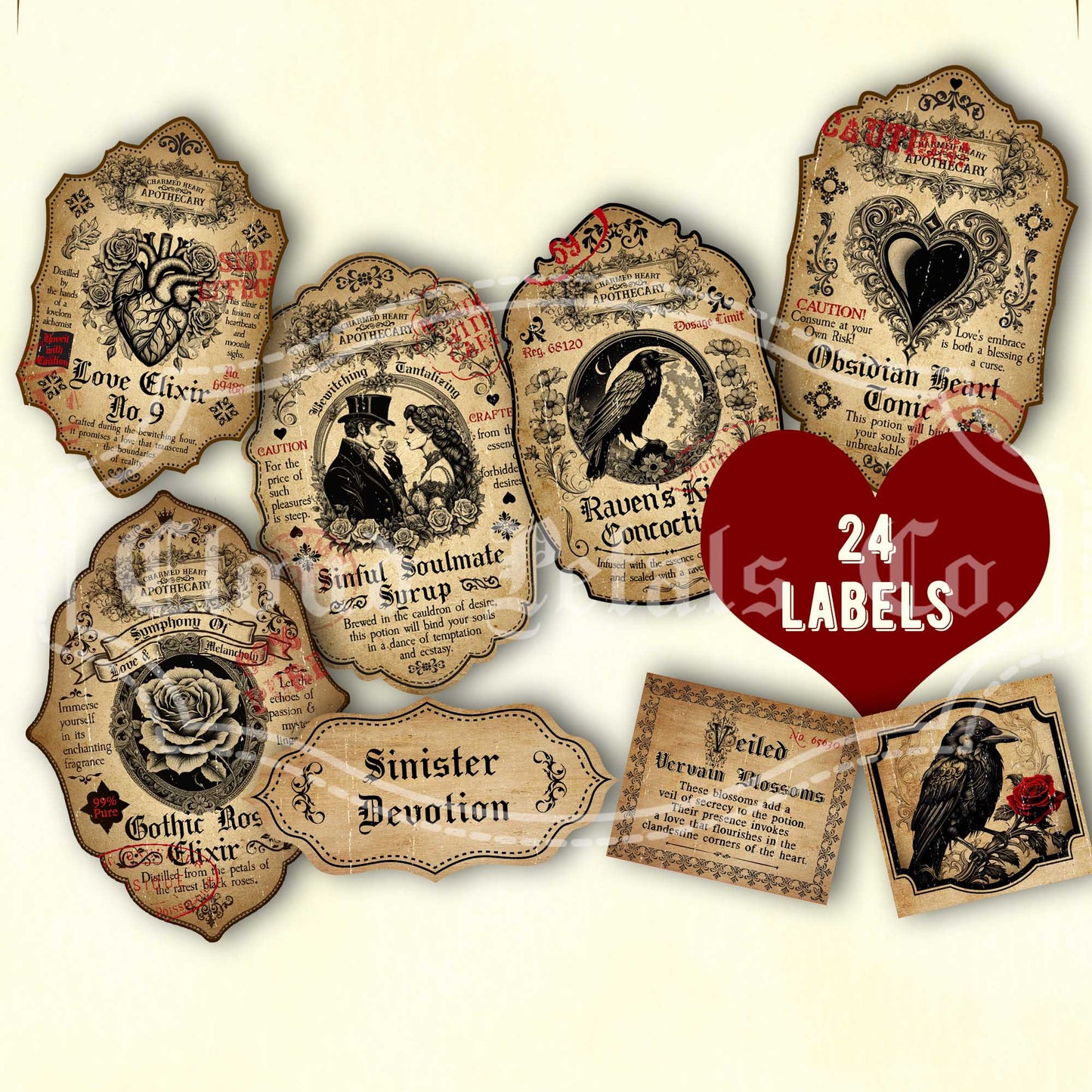 Vintage-style gothic Valentine love potion labels with a red heart and text.