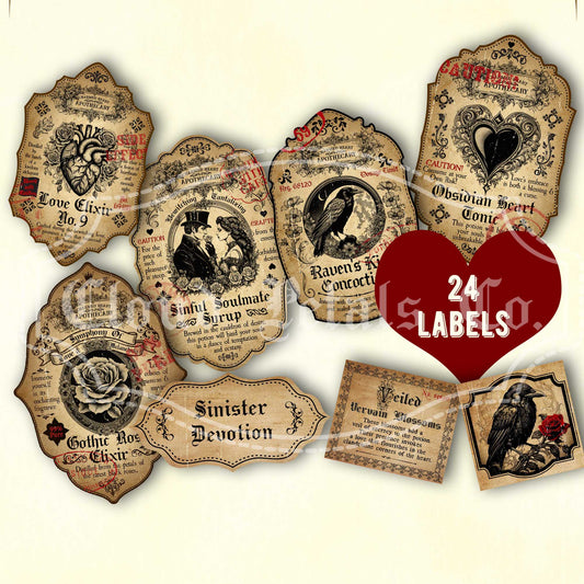 Vintage-style gothic Valentine love potion labels with a red heart and text.