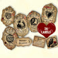 Vintage-style gothic Valentine love potion labels with a red heart and text.