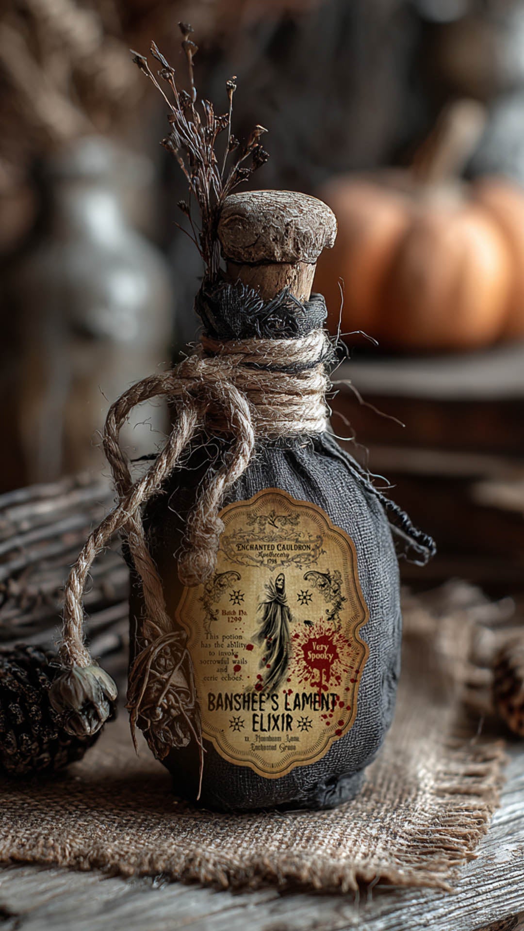Bottle labeled 'Banshee's Elixir' with decorative elements on a rustic background