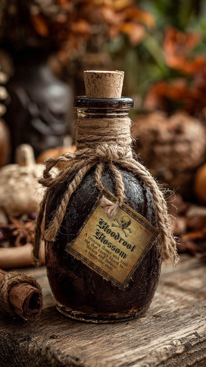 Bottle of Bloodrood Blossom with a cork lid, tied with twine, on a rustic wooden surface with Halloween-themed decorations.