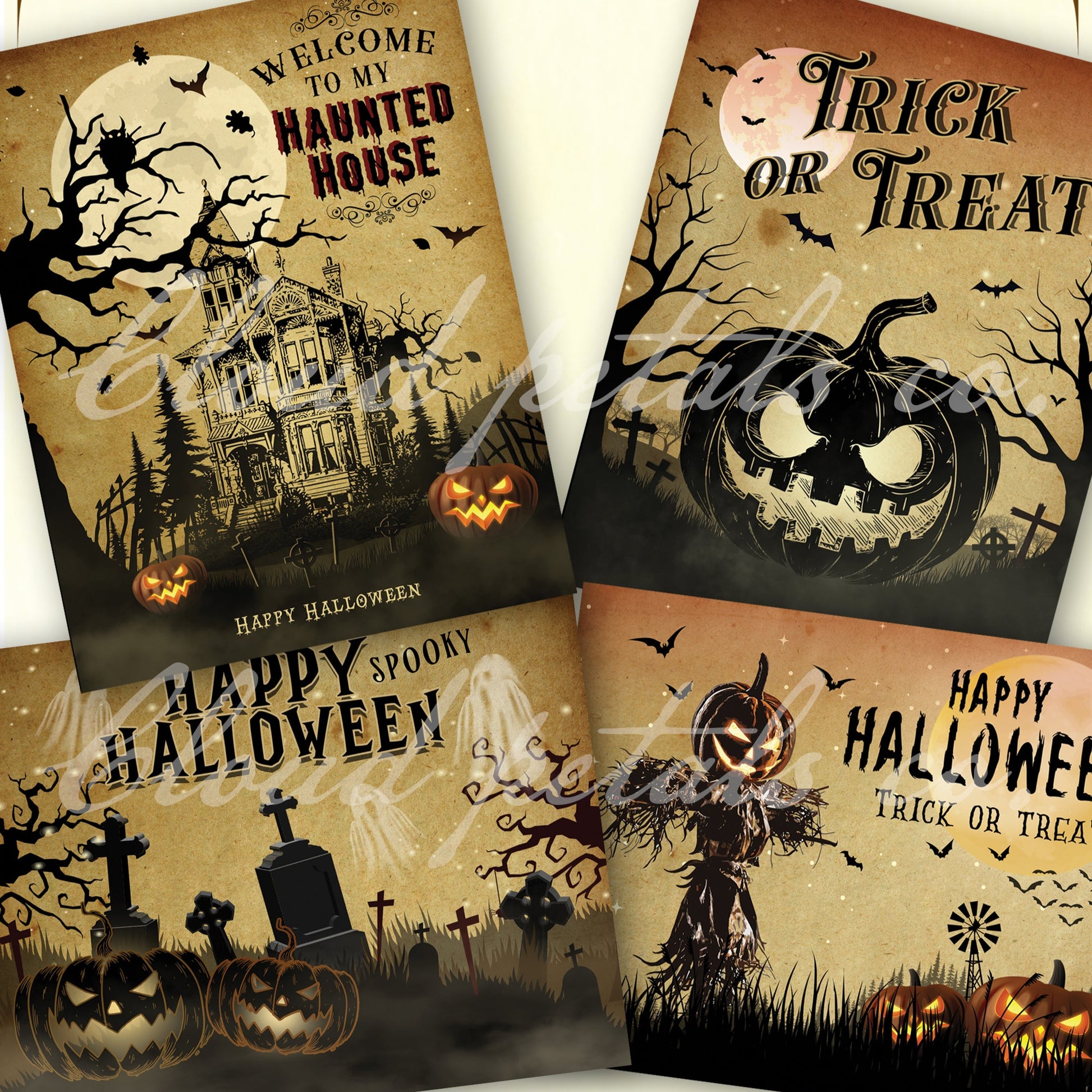 Vintage-style Halloween labels with pumpkins, haunted house, and text on a beige background.