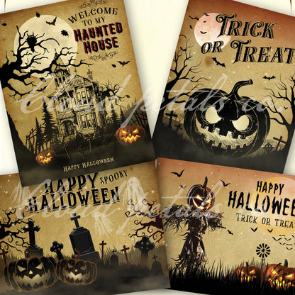 Vintage-style Halloween labels with pumpkins, haunted house, and text on a beige background.