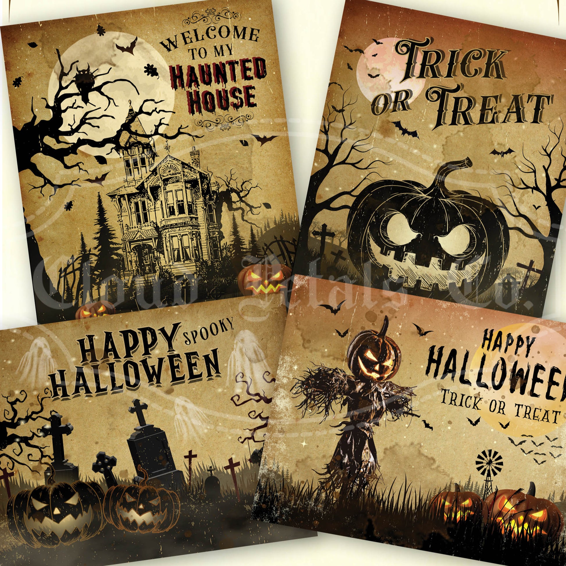 Vintage-style Halloween labels with pumpkins, haunted house, and text on a white background.