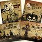 Vintage-style Halloween labels with pumpkins, haunted house, and text on a white background.