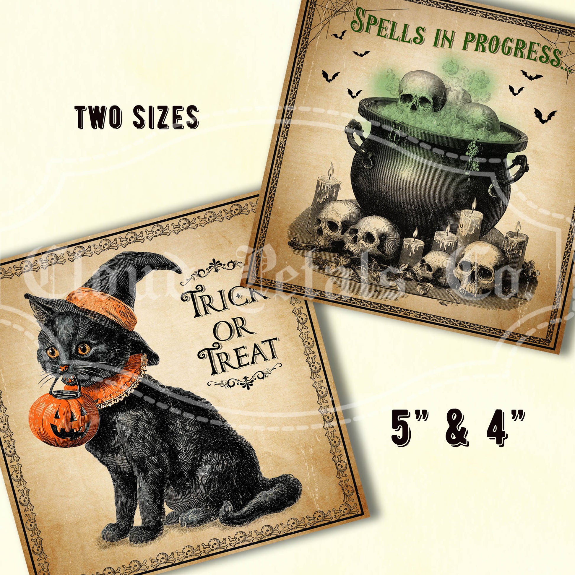 Two Halloween-themed cards featuring a black cat and a cauldron with skulls.