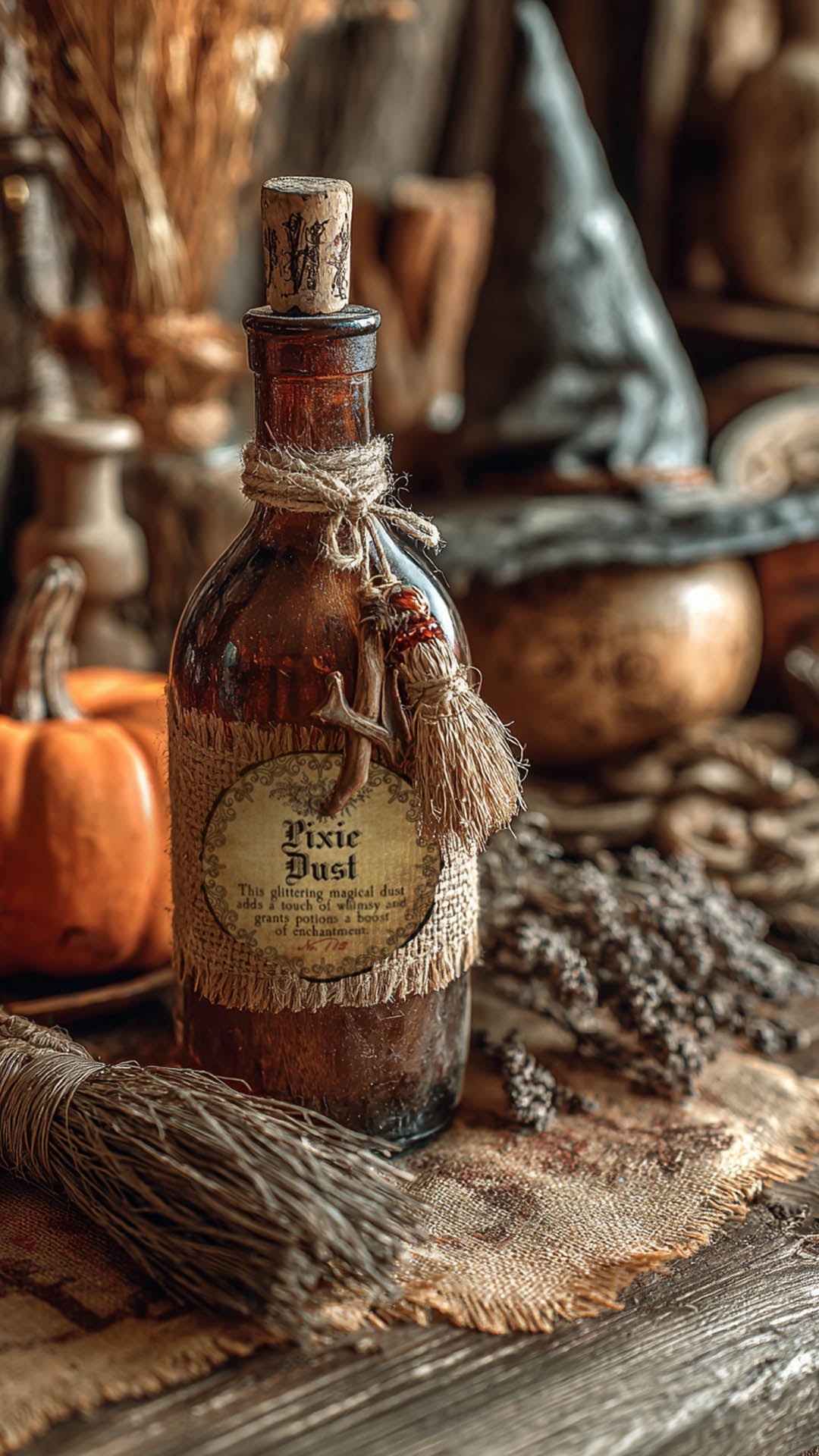 Bottle labeled 'Pixie Dust' with Halloween-themed decorations on a wooden surface.