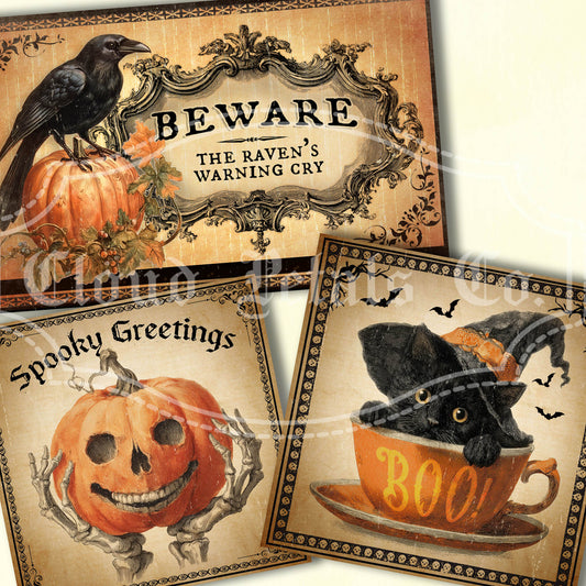 Three Halloween-themed cards with pumpkins, a raven, and a black cat in a teacup on a beige background.