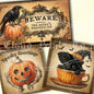 Three Halloween-themed cards with pumpkins, a raven, and a black cat in a teacup on a beige background.