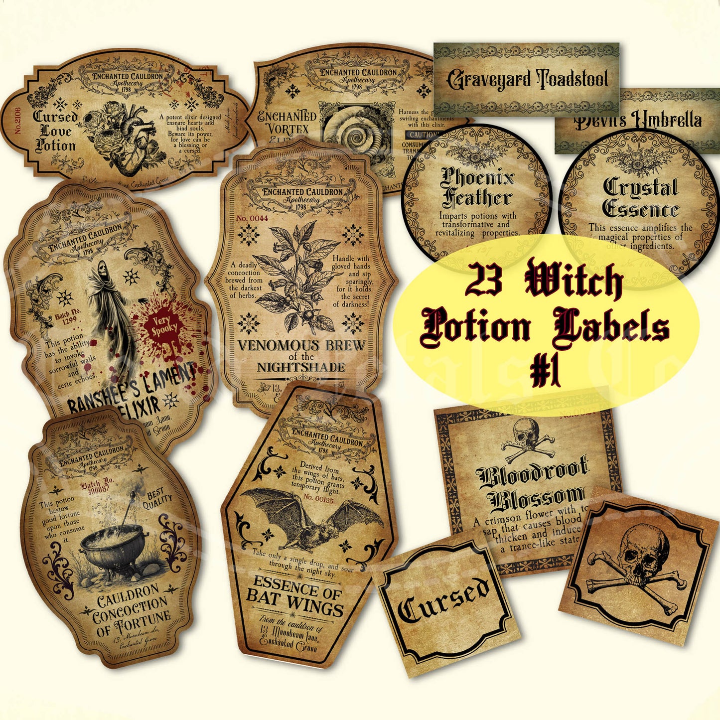 Halloween witch potion labels with cauldron, bats, banshee, nightshade